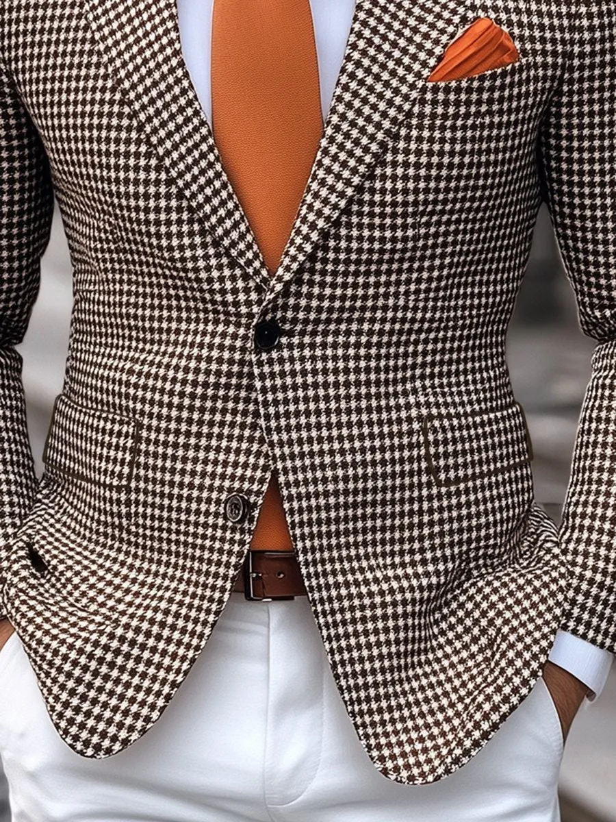 Men's Vintage Houndstooth Print 3 Pocket Single Breasted Blazer
