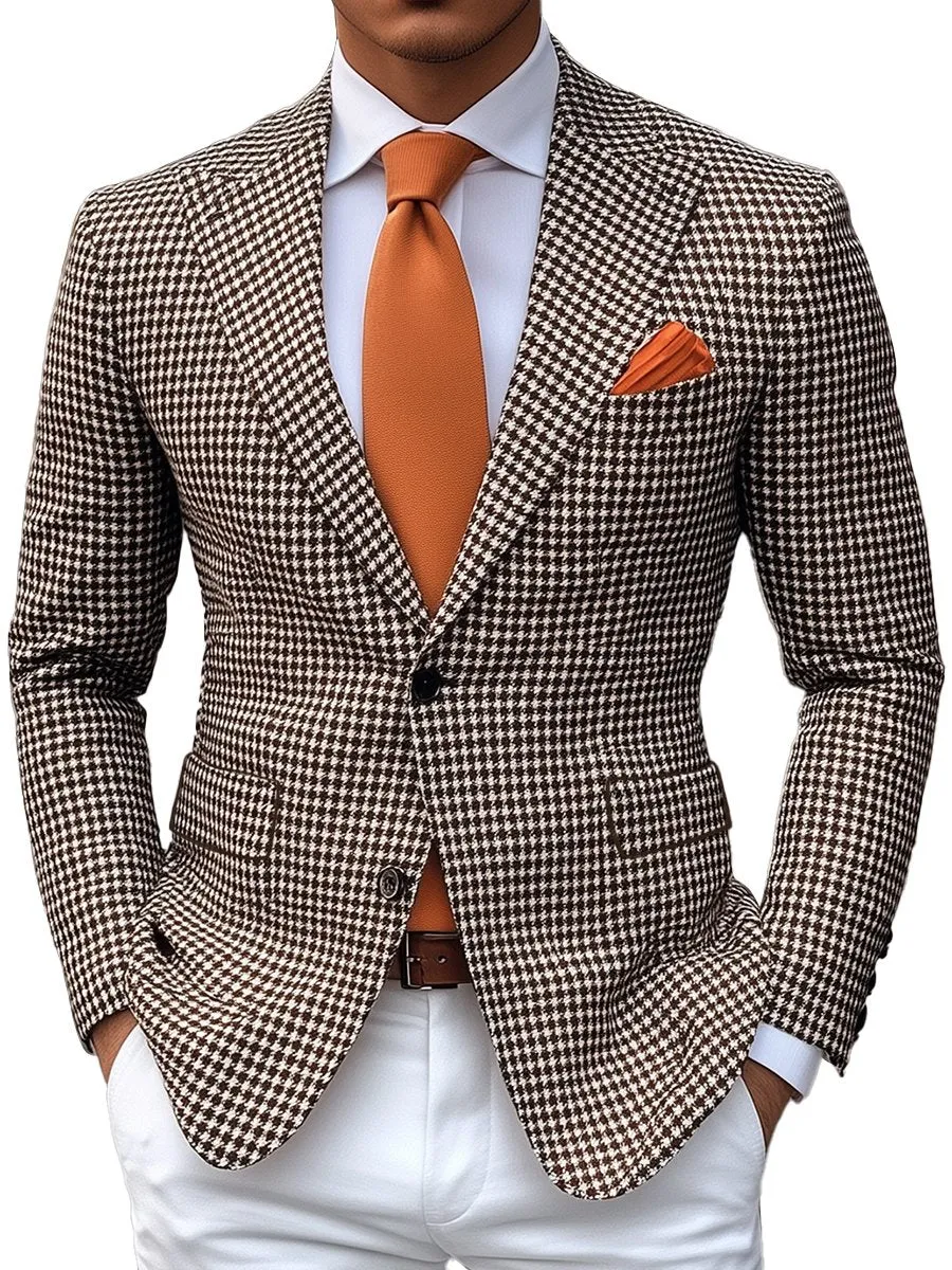 Men's Vintage Houndstooth Print 3 Pocket Single Breasted Blazer