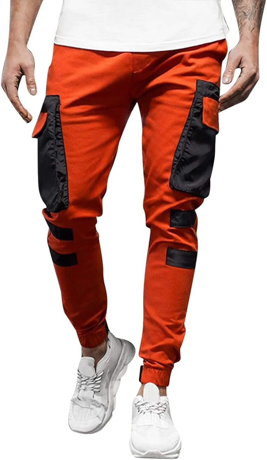 Mens Workout Cargo Sweatpants Pockets Pant Mens Cotton Linen Pants Loose Casual Lightweight Elastic Waist Drawstring