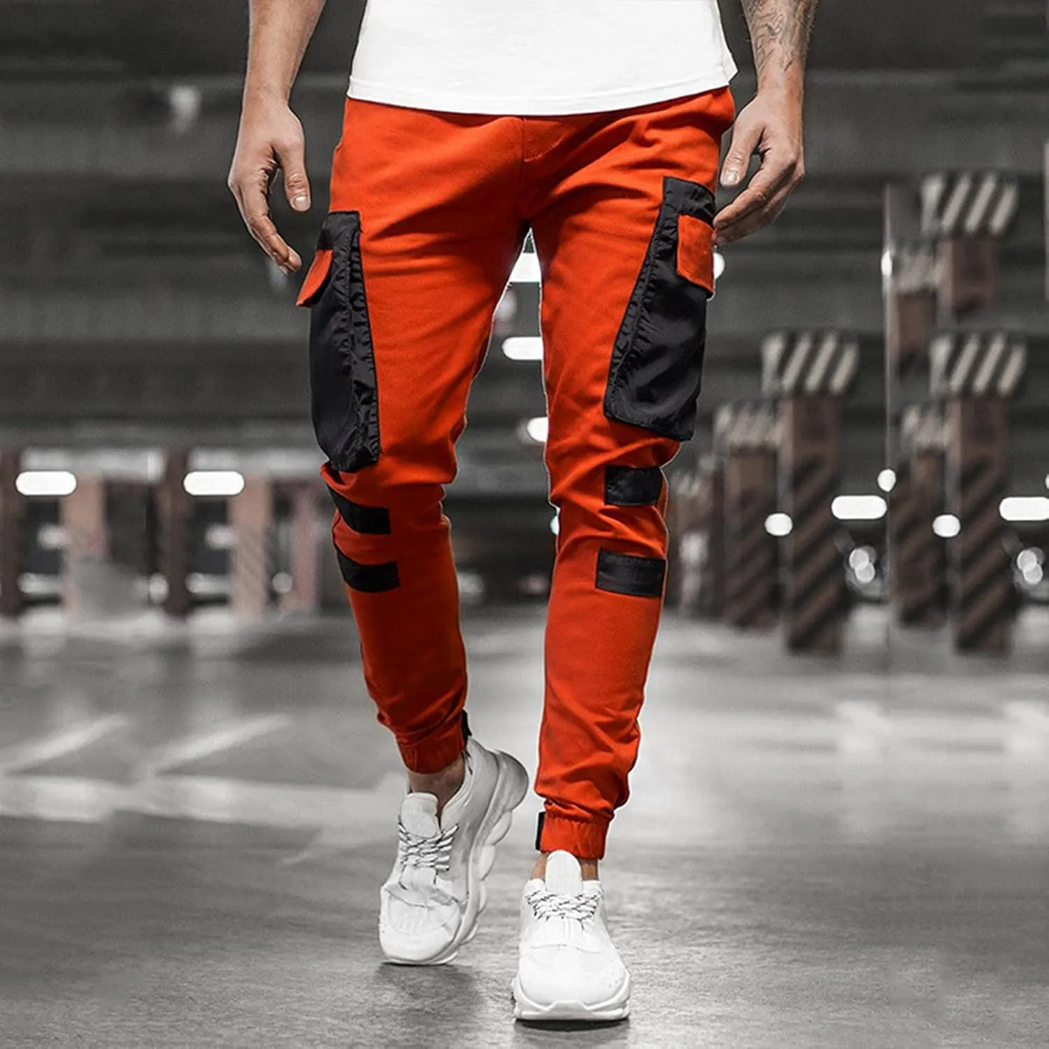 Mens Workout Cargo Sweatpants Pockets Pant Mens Cotton Linen Pants Loose Casual Lightweight Elastic Waist Drawstring