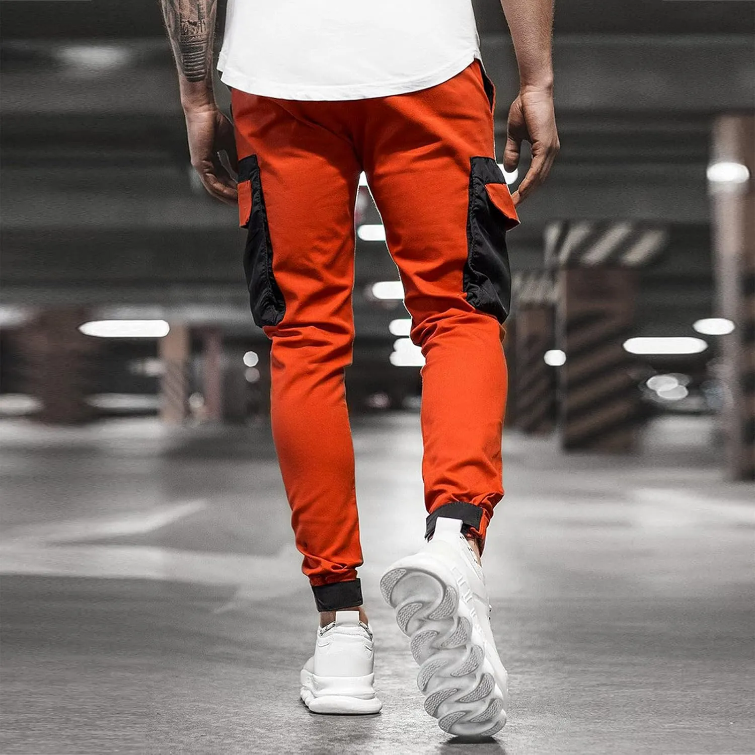 Mens Workout Cargo Sweatpants Pockets Pant Mens Cotton Linen Pants Loose Casual Lightweight Elastic Waist Drawstring