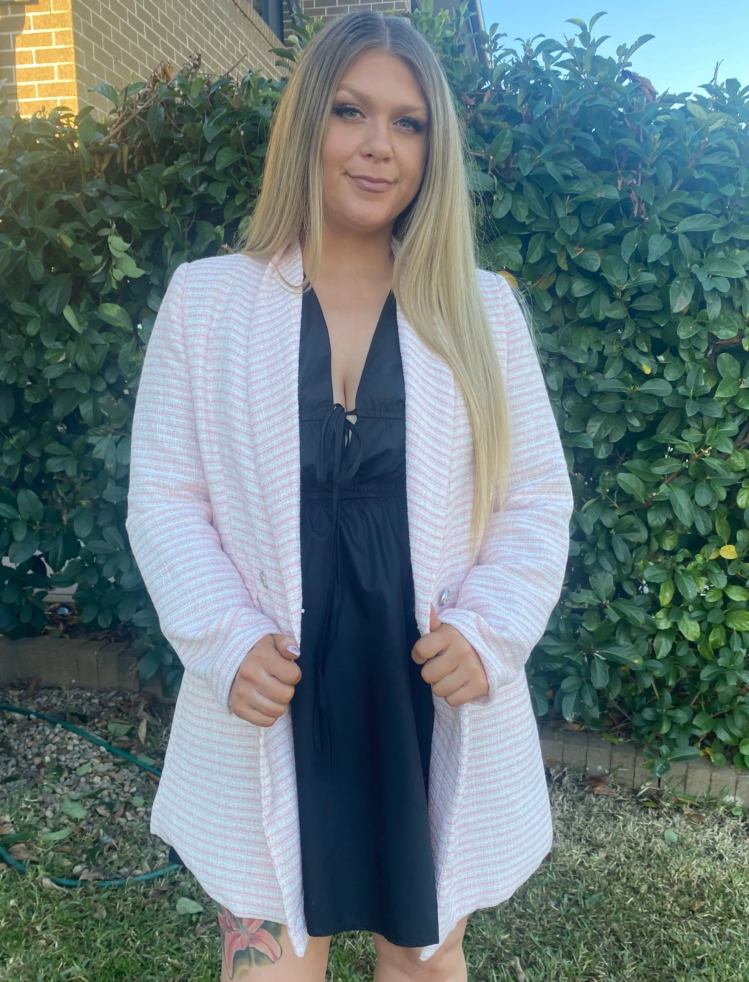 MIRANDER Baby Pink & White Long Line Jacket Blazer