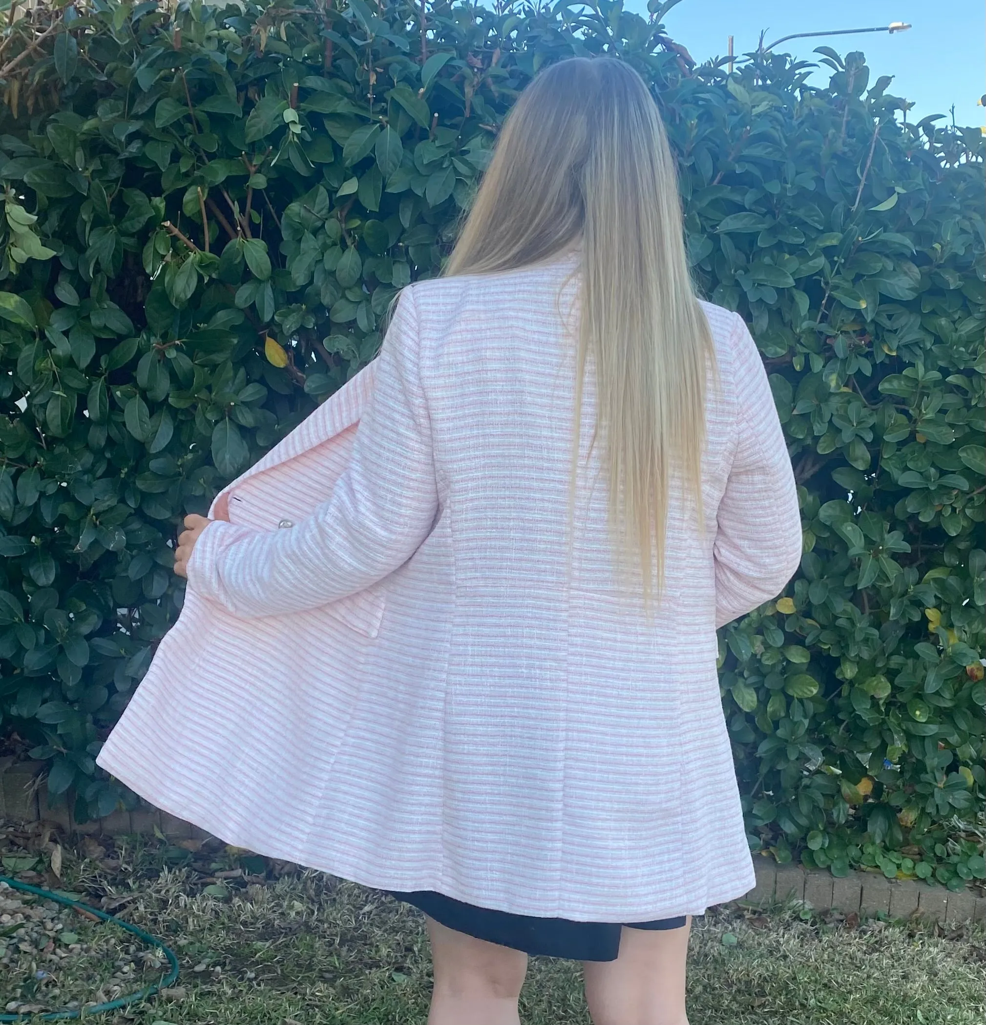 MIRANDER Baby Pink & White Long Line Jacket Blazer