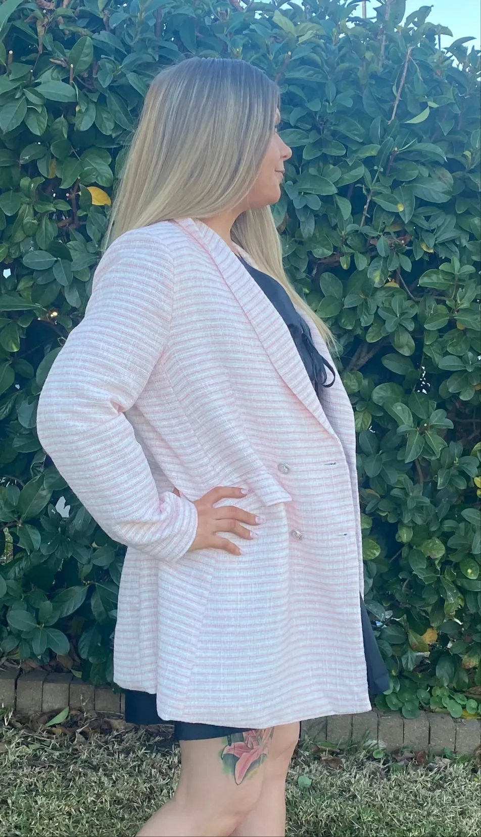 MIRANDER Baby Pink & White Long Line Jacket Blazer