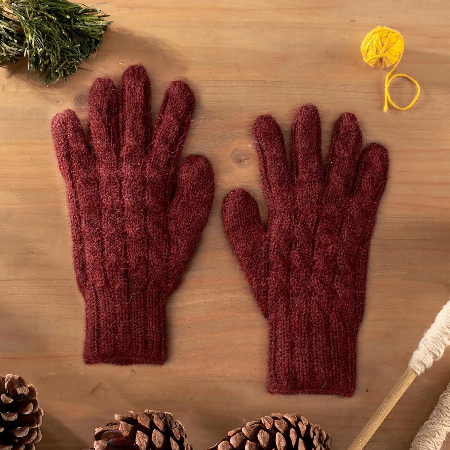 NOVICA Artisan Handmade Wool100% Alpaca Gloves Cable Knit in Light Mauve from Peru