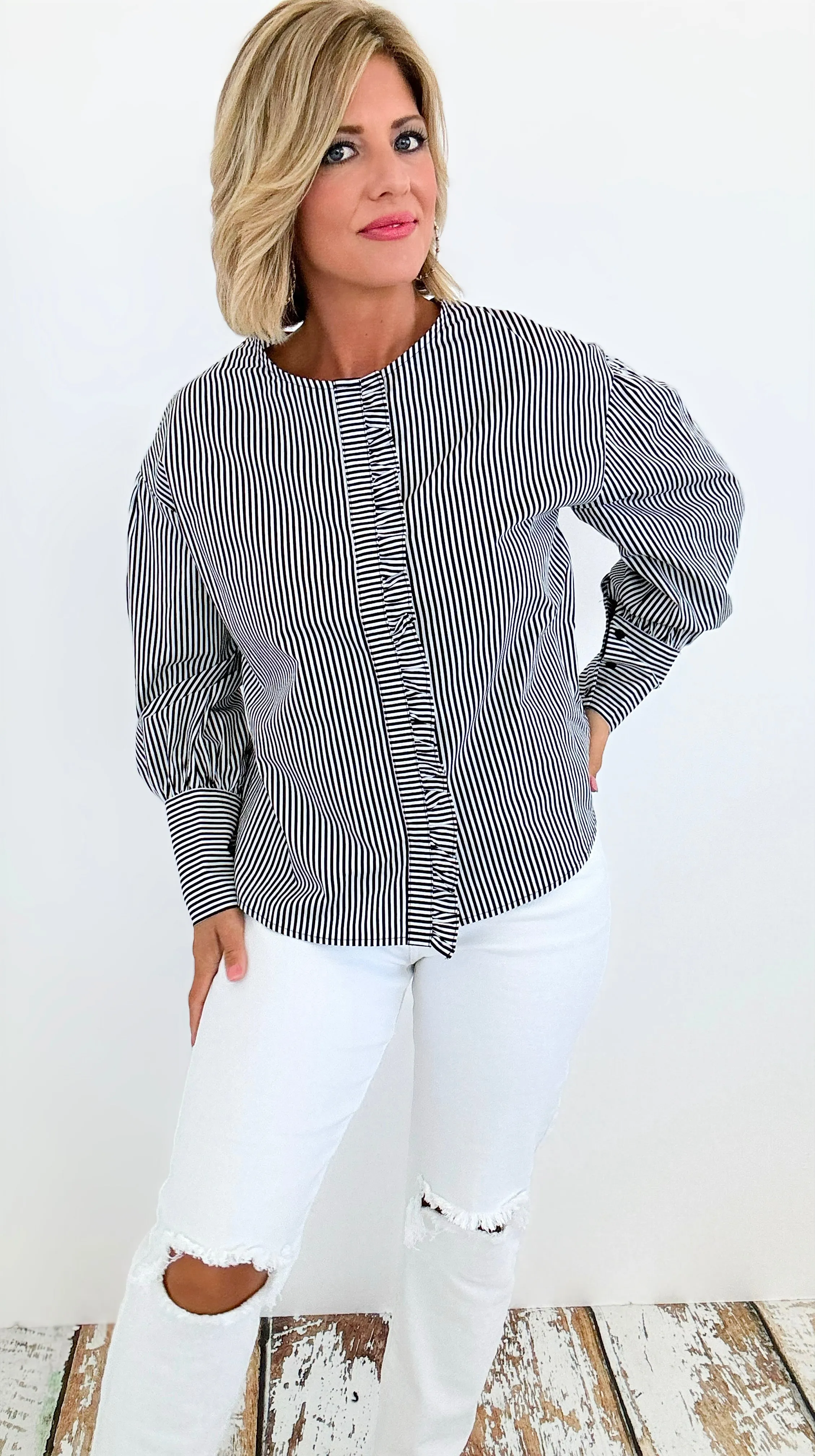 Parisian Stripe Ruffle Blouse - Black