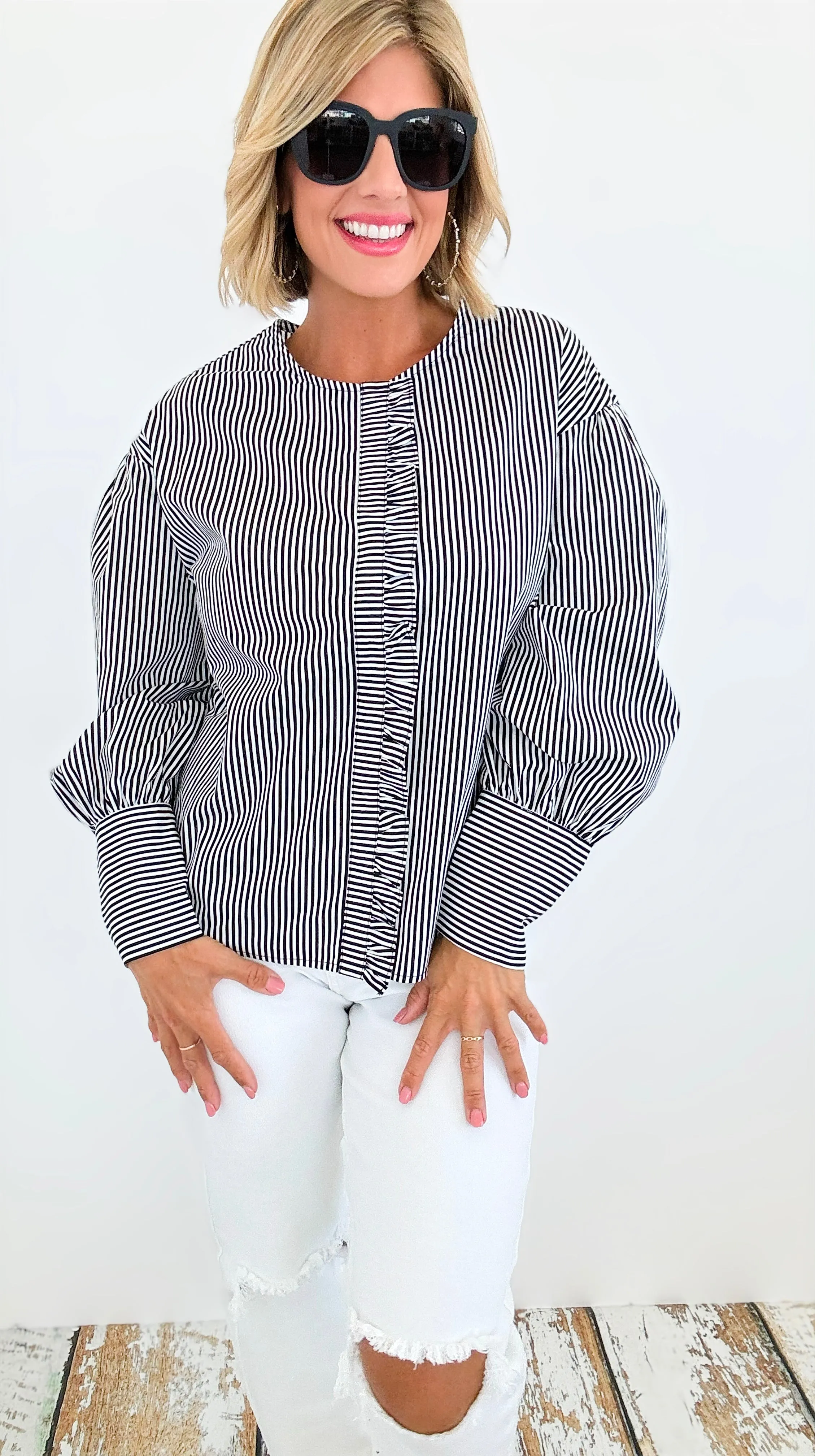 Parisian Stripe Ruffle Blouse - Black