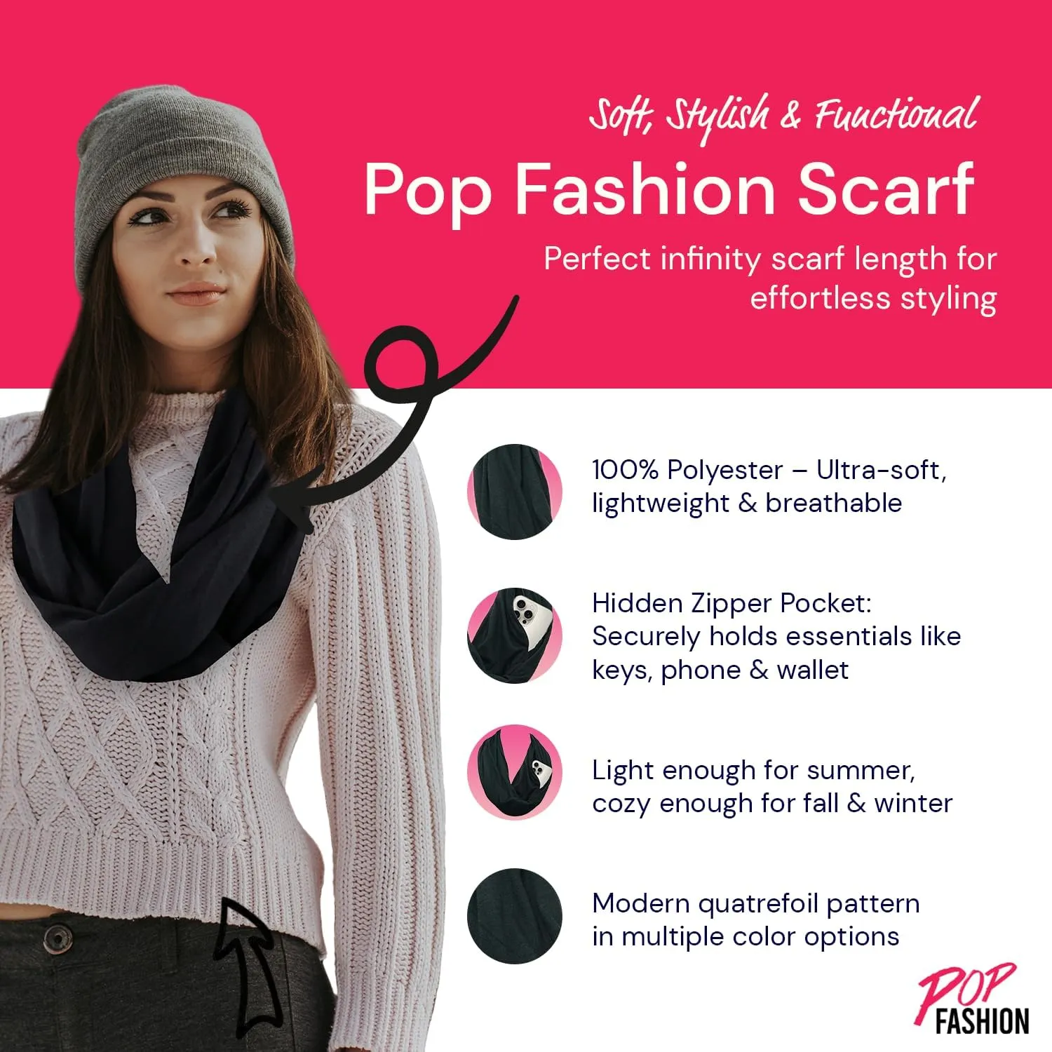 Quatrefoil Pattern Infinity Scarf for Women - Travel Scarf with Hidden Pocket - All Seasons