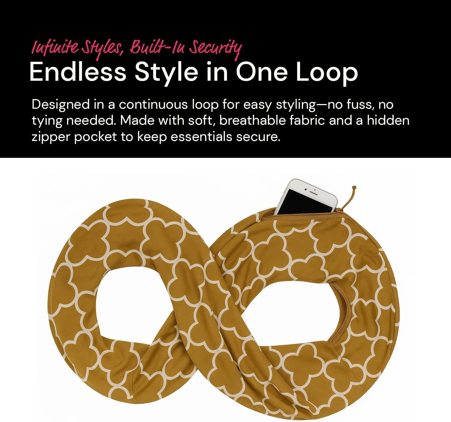 Quatrefoil Pattern Infinity Scarf for Women - Travel Scarf with Hidden Pocket - All Seasons