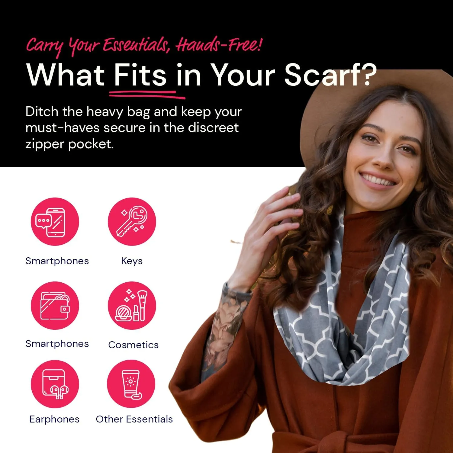 Quatrefoil Pattern Infinity Scarf for Women - Travel Scarf with Hidden Pocket - All Seasons