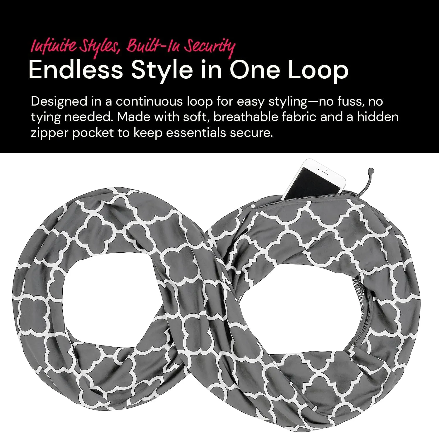 Quatrefoil Pattern Infinity Scarf for Women - Travel Scarf with Hidden Pocket - All Seasons