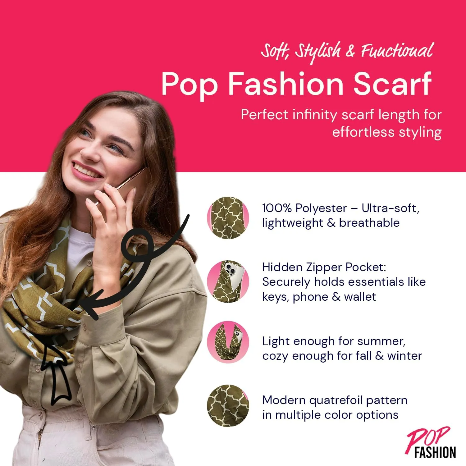 Quatrefoil Pattern Infinity Scarf for Women - Travel Scarf with Hidden Pocket - All Seasons