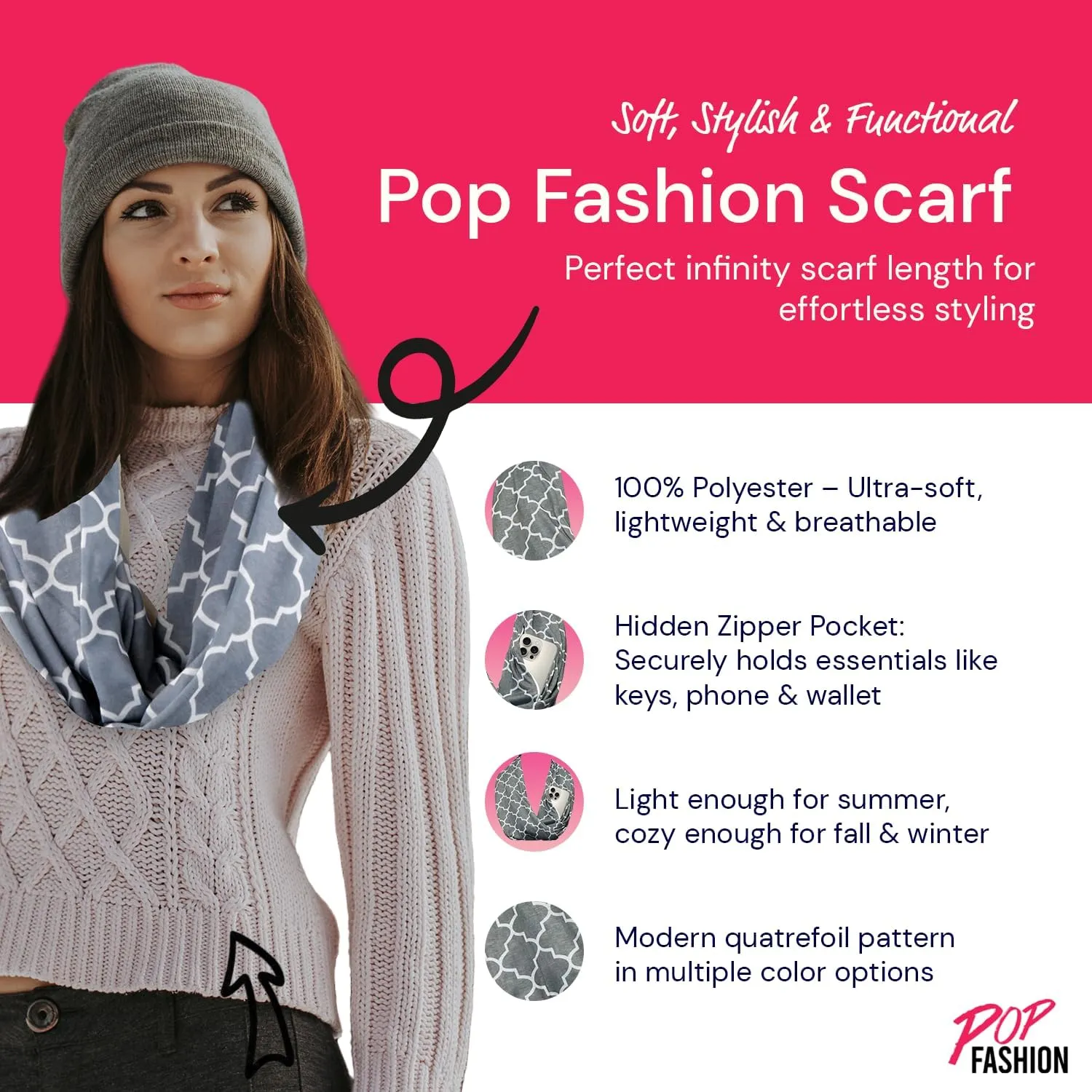 Quatrefoil Pattern Infinity Scarf for Women - Travel Scarf with Hidden Pocket - All Seasons