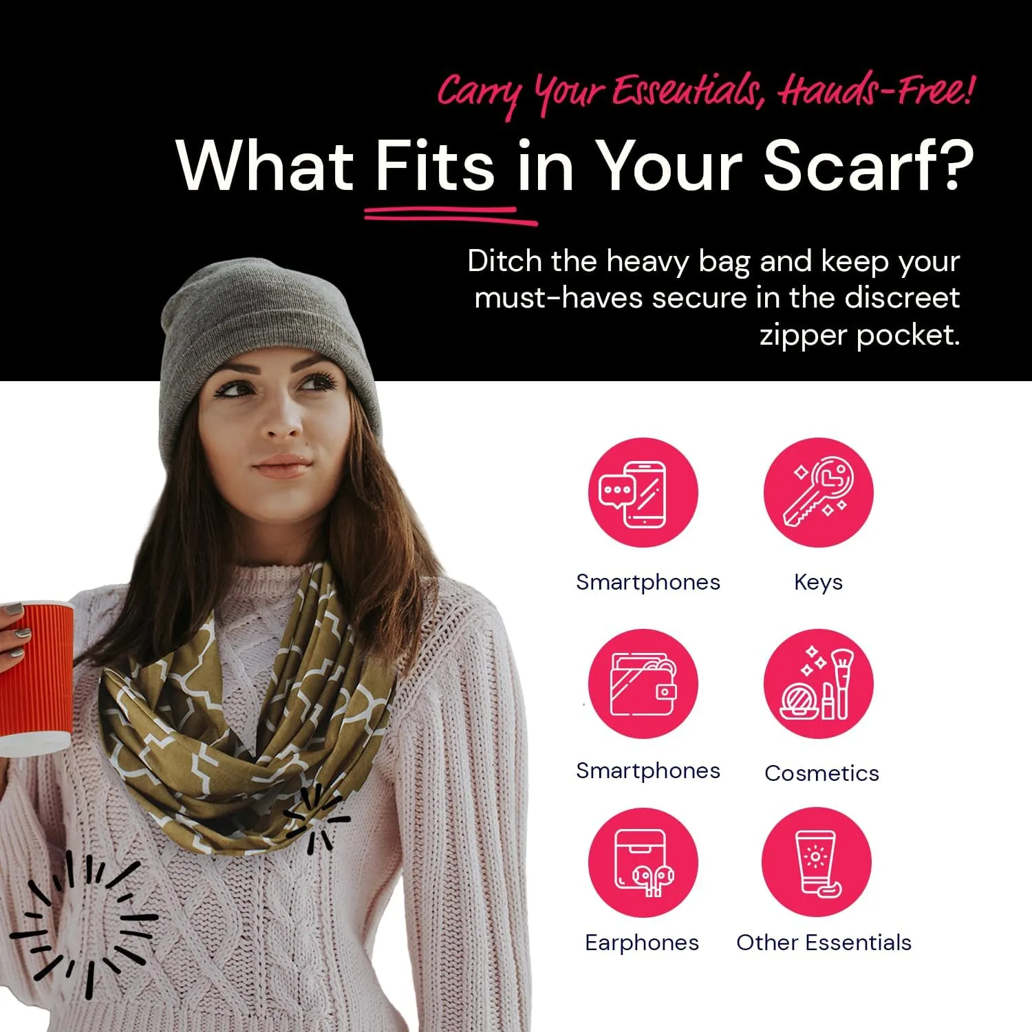 Quatrefoil Pattern Infinity Scarf for Women - Travel Scarf with Hidden Pocket - All Seasons