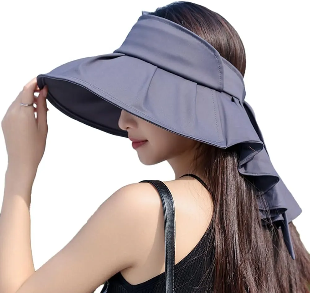 Sun Hats for Women Hollow Top UPF 50  Protection Wide Brim Ponytail Bow Visor Hat Breathable Outdoor Summer