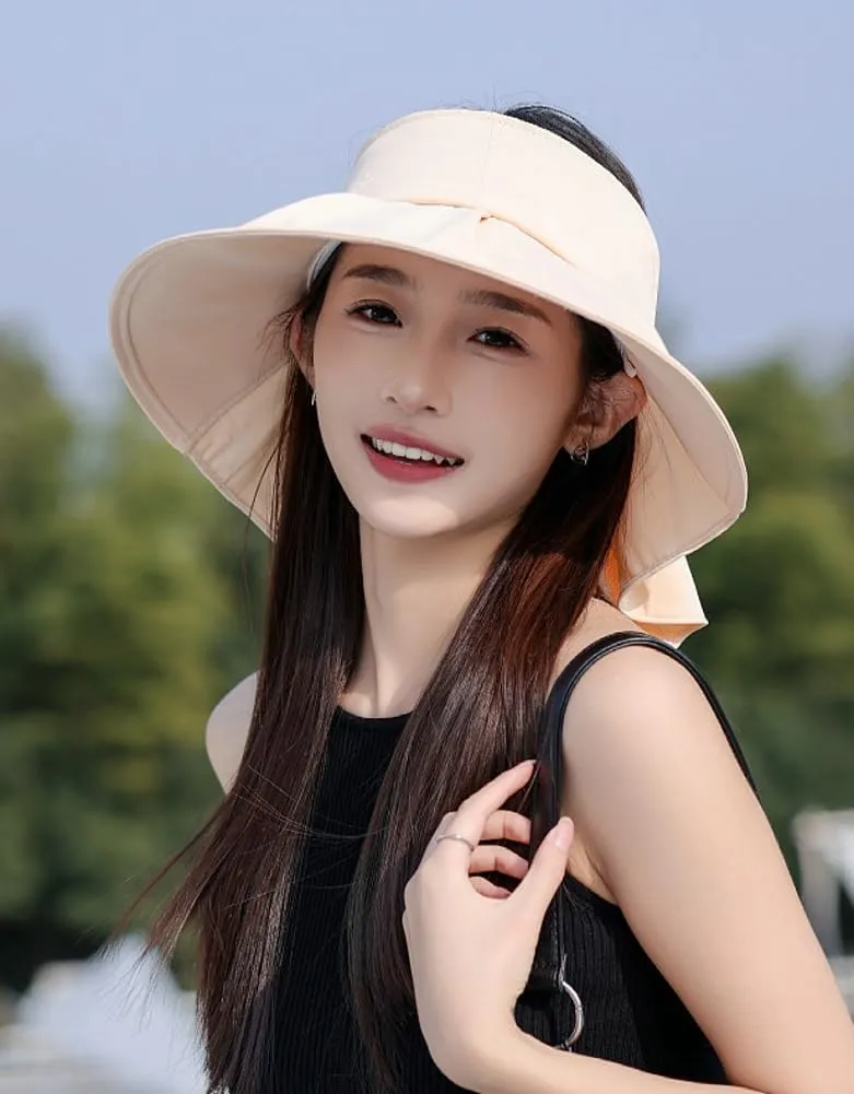 Sun Hats for Women Hollow Top UPF 50  Protection Wide Brim Ponytail Bow Visor Hat Breathable Outdoor Summer