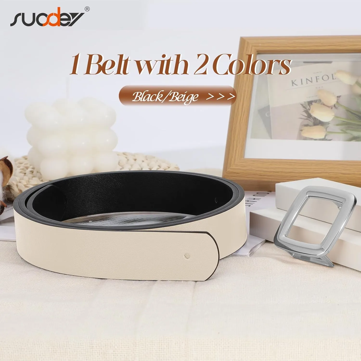 SUOSDEY Women Reversible Leather Belt Two Color-in-One Square Buckle Fashion Belt for Jeans Pants Dresses Coat