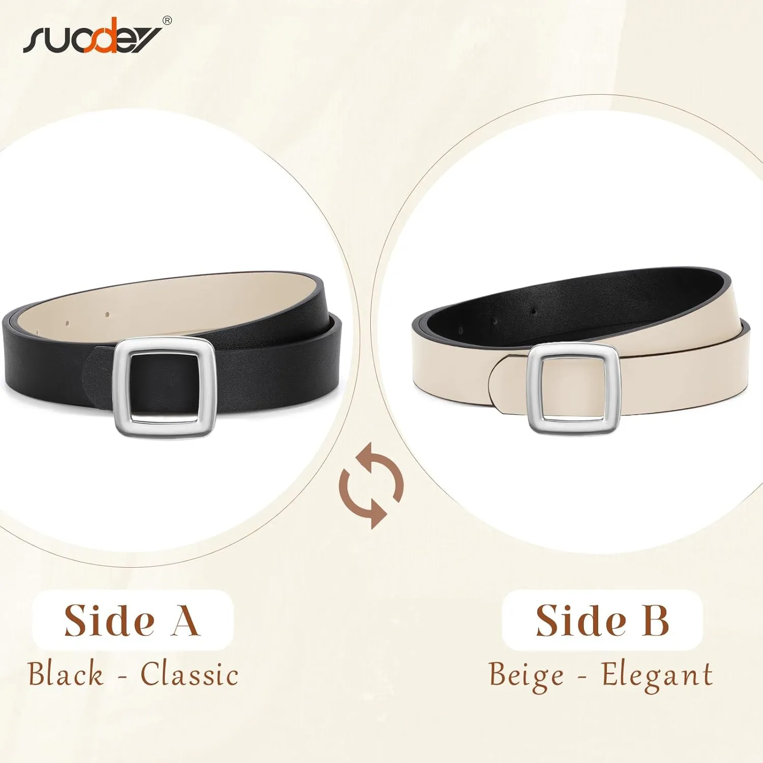 SUOSDEY Women Reversible Leather Belt Two Color-in-One Square Buckle Fashion Belt for Jeans Pants Dresses Coat