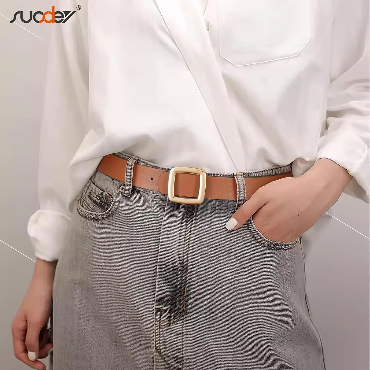 SUOSDEY Women Reversible Leather Belt Two Color-in-One Square Buckle Fashion Belt for Jeans Pants Dresses Coat