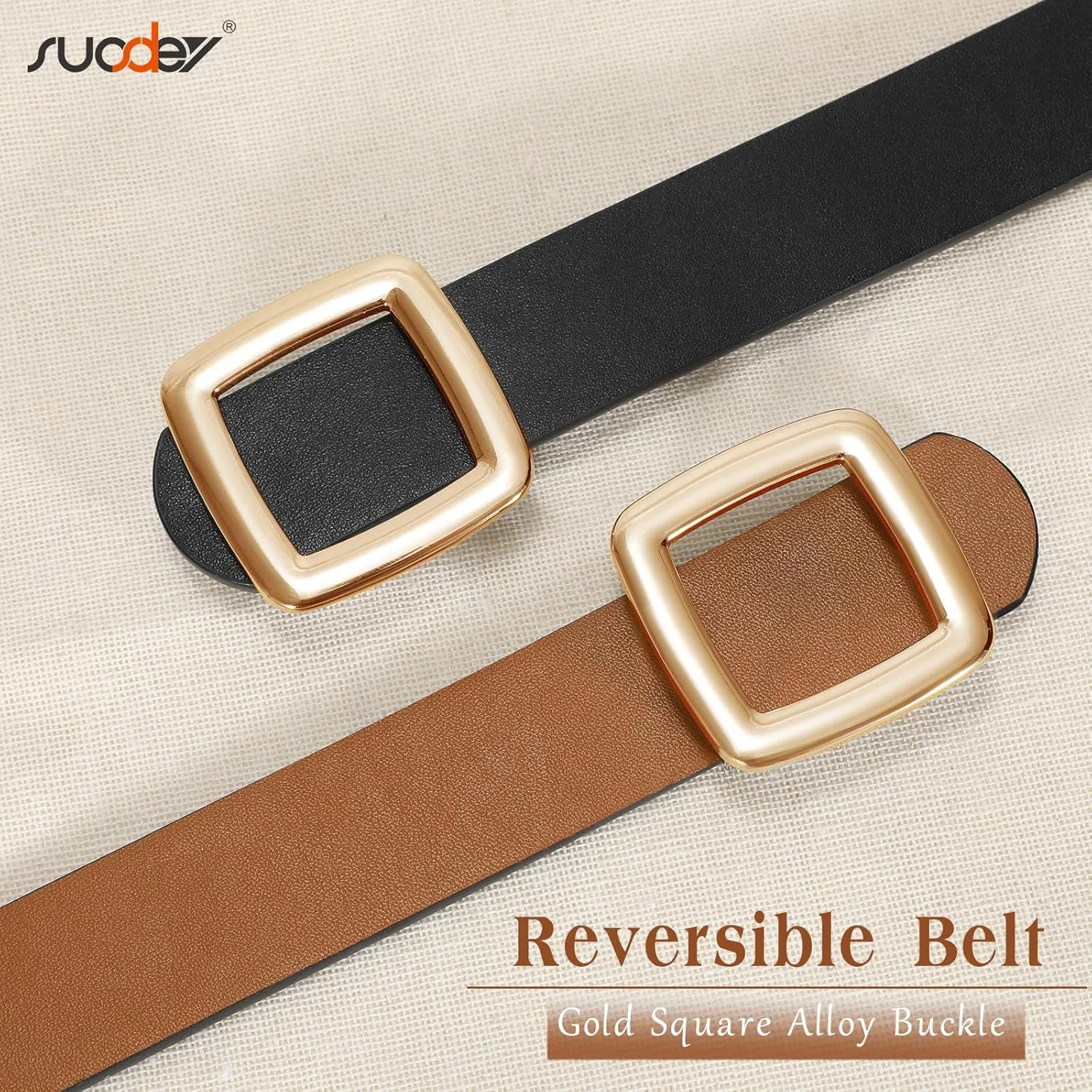 SUOSDEY Women Reversible Leather Belt Two Color-in-One Square Buckle Fashion Belt for Jeans Pants Dresses Coat