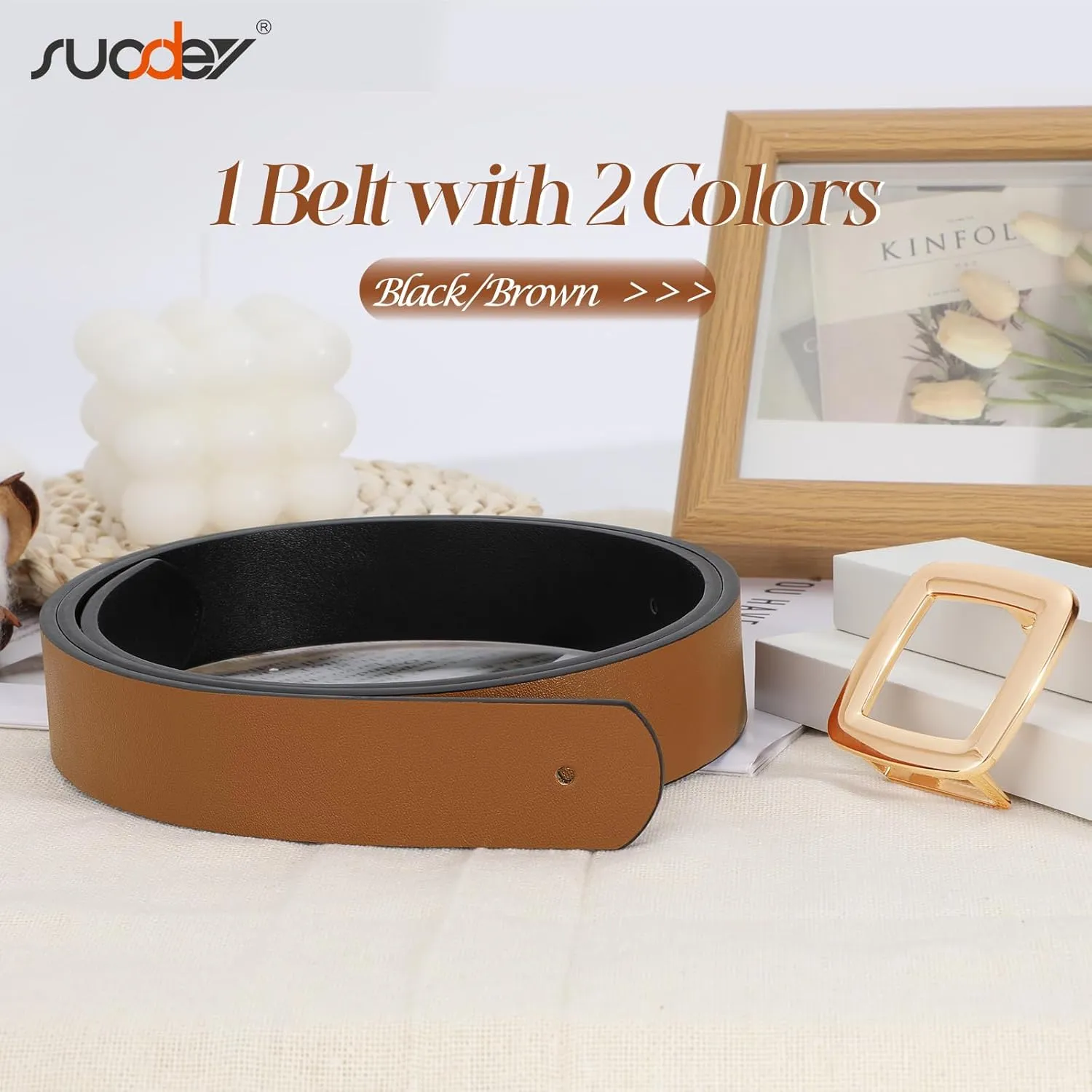 SUOSDEY Women Reversible Leather Belt Two Color-in-One Square Buckle Fashion Belt for Jeans Pants Dresses Coat