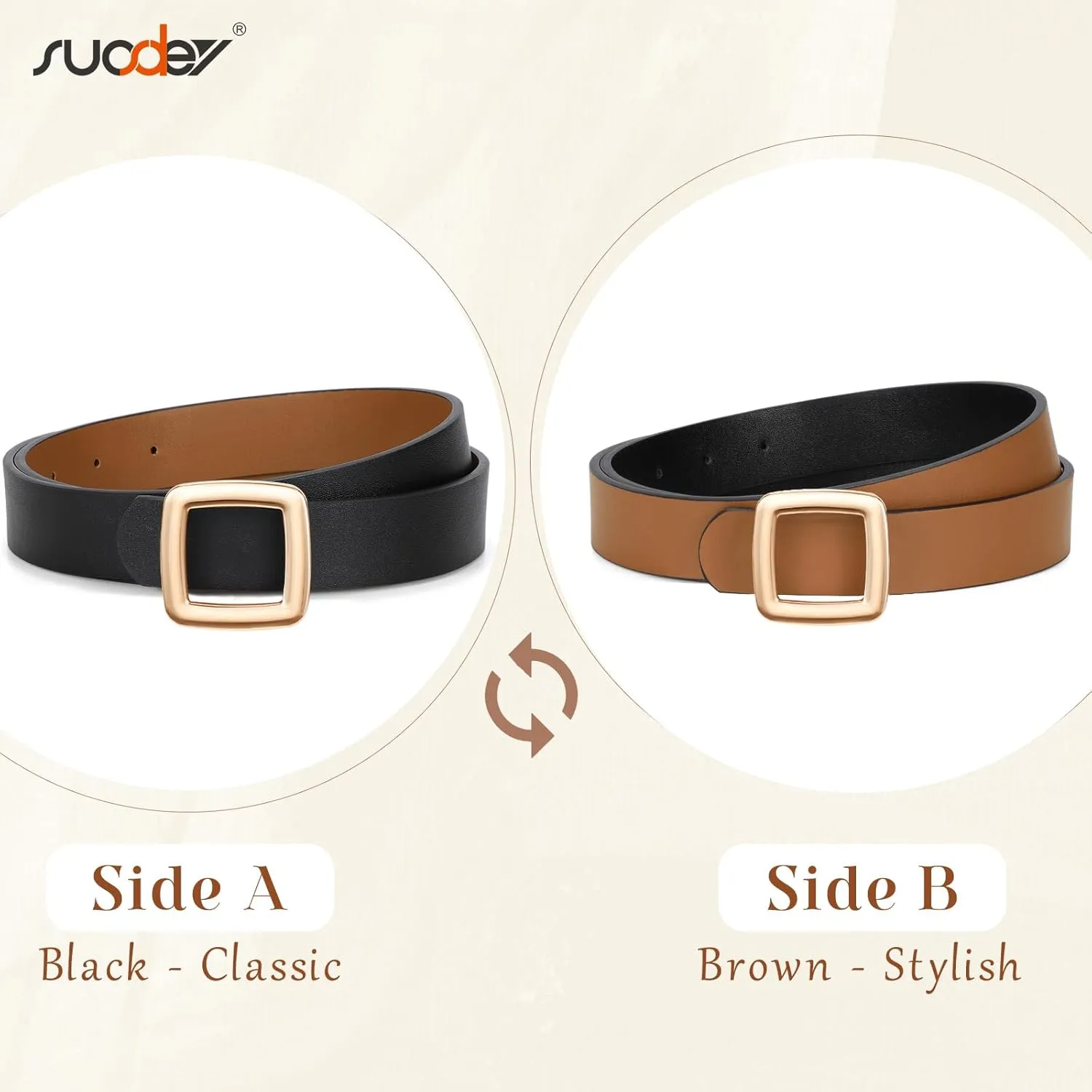 SUOSDEY Women Reversible Leather Belt Two Color-in-One Square Buckle Fashion Belt for Jeans Pants Dresses Coat