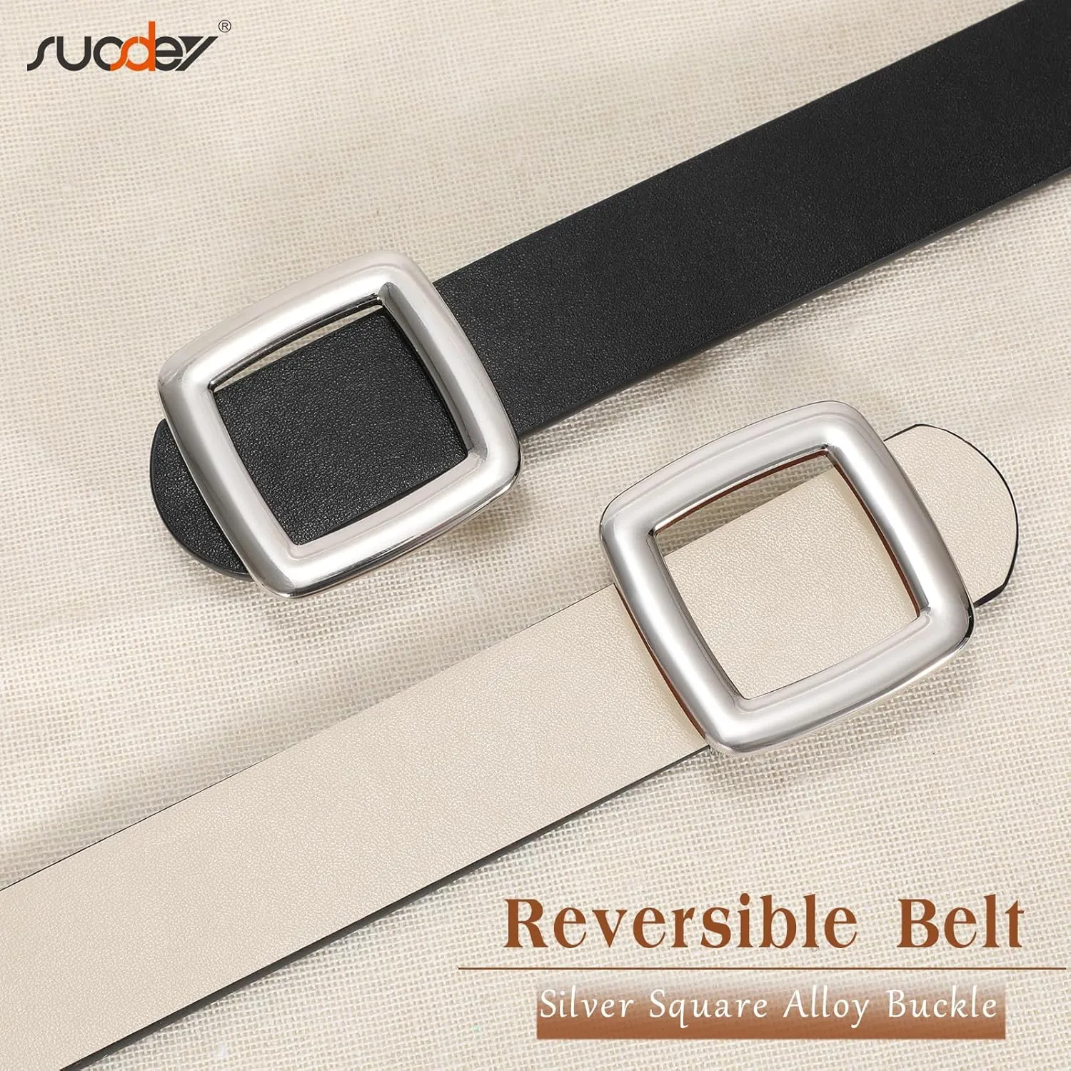 SUOSDEY Women Reversible Leather Belt Two Color-in-One Square Buckle Fashion Belt for Jeans Pants Dresses Coat