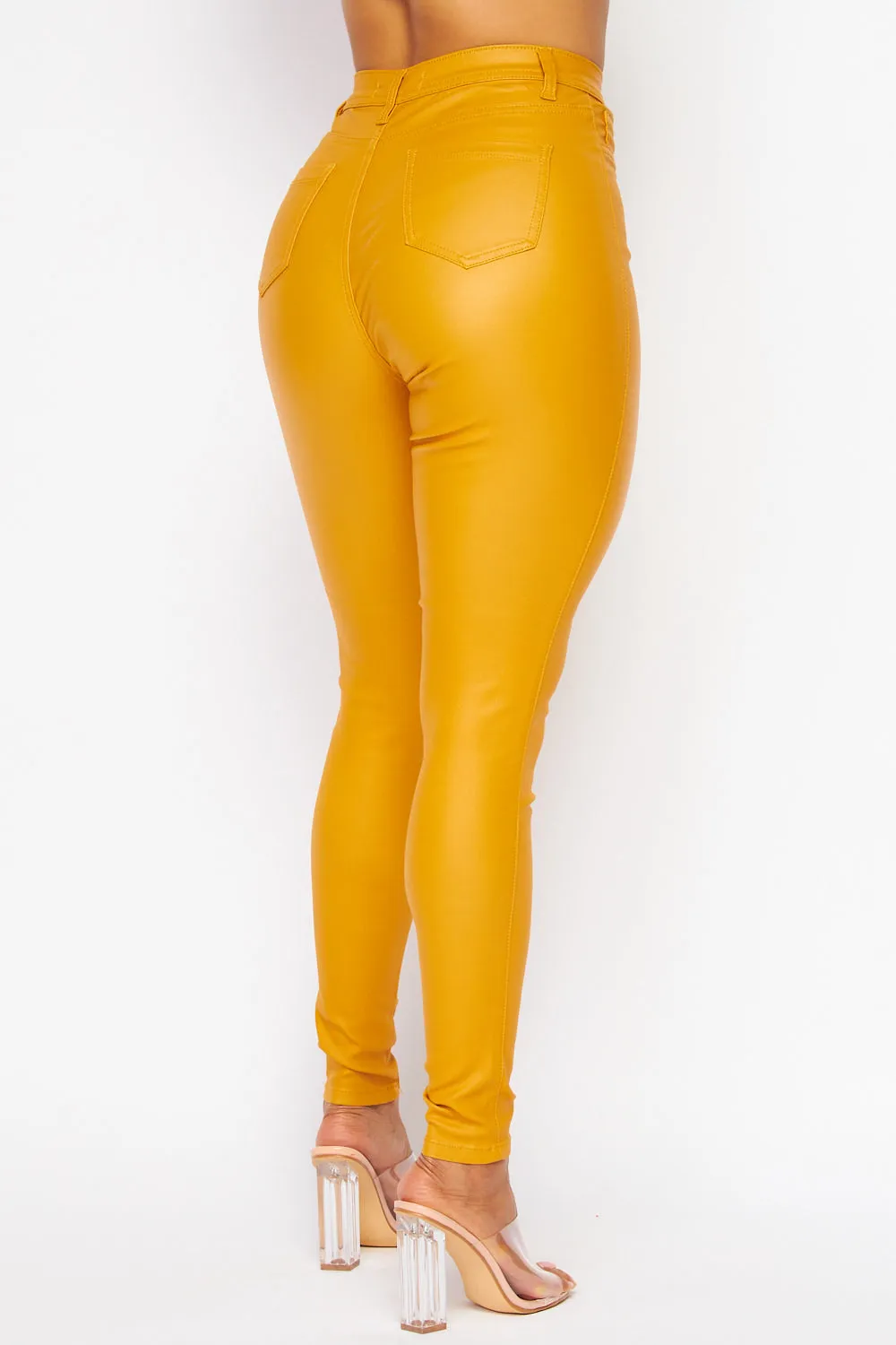 Super High Waisted Faux Leather Stretchy Skinny Jeans - Mustard