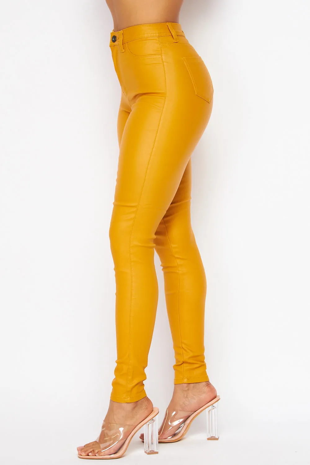 Super High Waisted Faux Leather Stretchy Skinny Jeans - Mustard