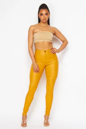 Super High Waisted Faux Leather Stretchy Skinny Jeans - Mustard