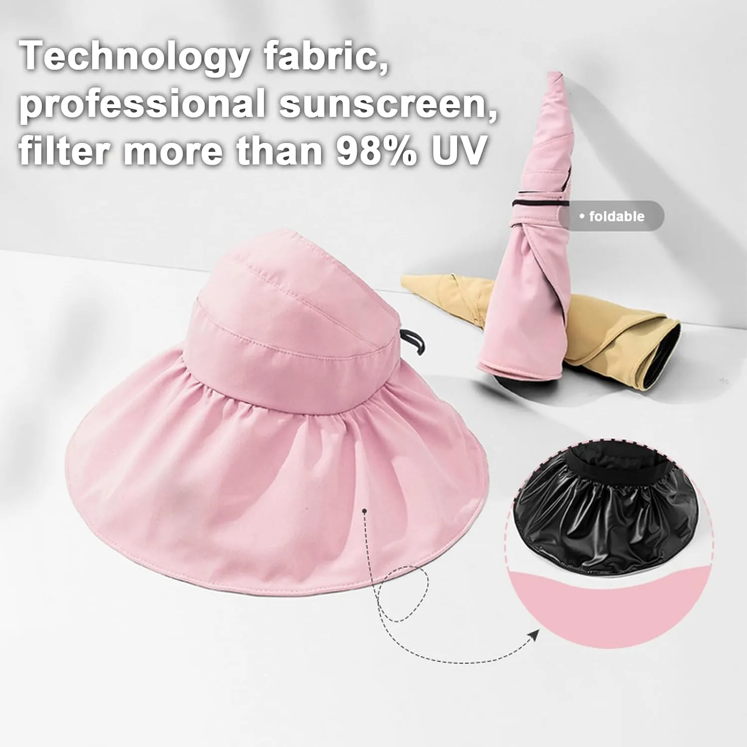 Super Wide Brim Women Sun Hat Outdoor UV Protection Hollow Top Sun Hat Ponytail Foldable Anti-UV Travel Beach Hat Summer