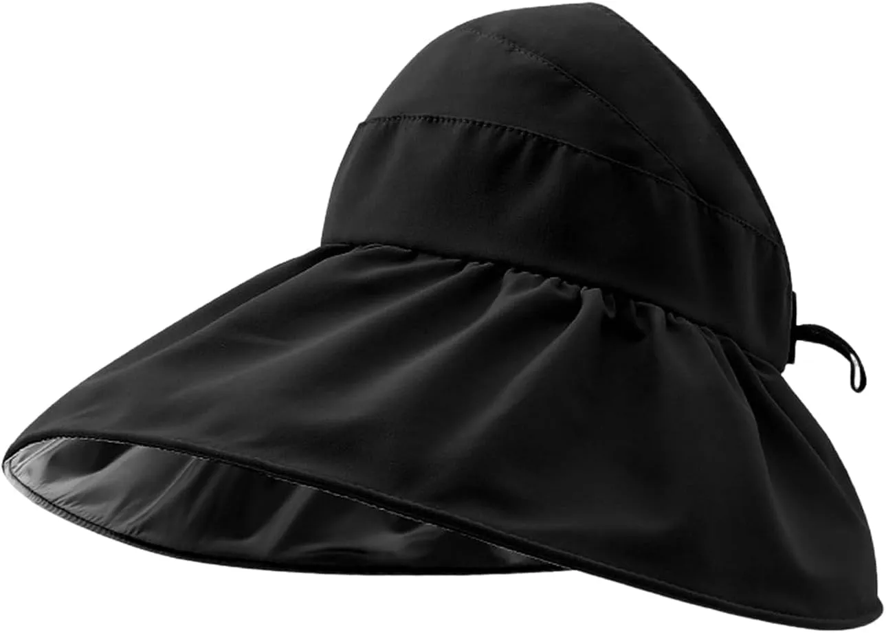 Super Wide Brim Women Sun Hat Outdoor UV Protection Hollow Top Sun Hat Ponytail Foldable Anti-UV Travel Beach Hat Summer