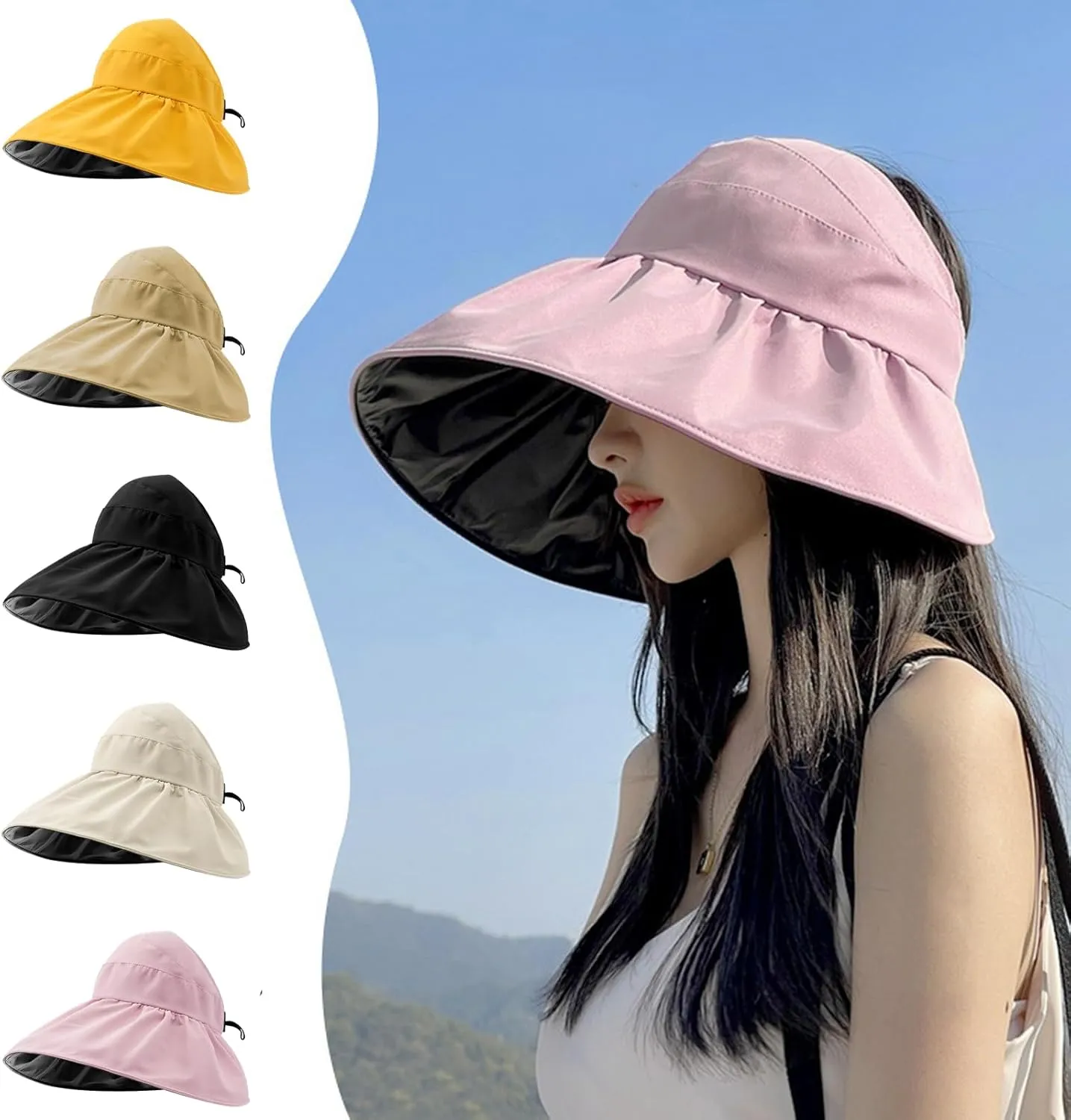 Super Wide Brim Women Sun Hat Outdoor UV Protection Hollow Top Sun Hat Ponytail Foldable Anti-UV Travel Beach Hat Summer