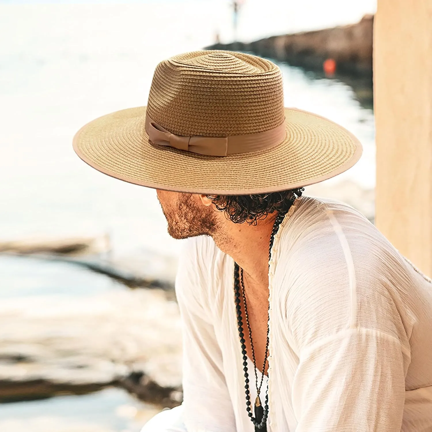 Unisex Wide Brim Sun Hat Straw Panama Rancher Fedora Hat for Men Beach Hat for Women