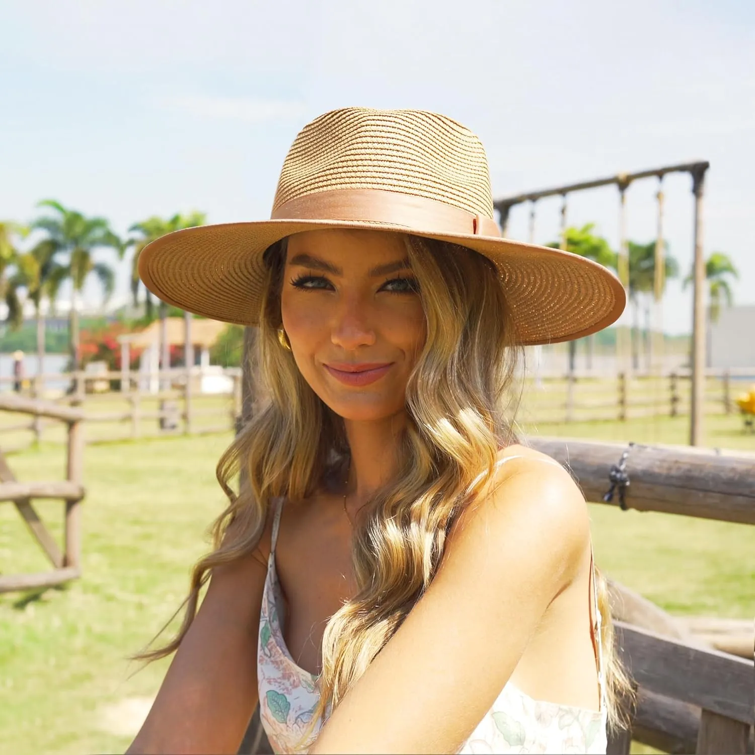 Unisex Wide Brim Sun Hat Straw Panama Rancher Fedora Hat for Men Beach Hat for Women