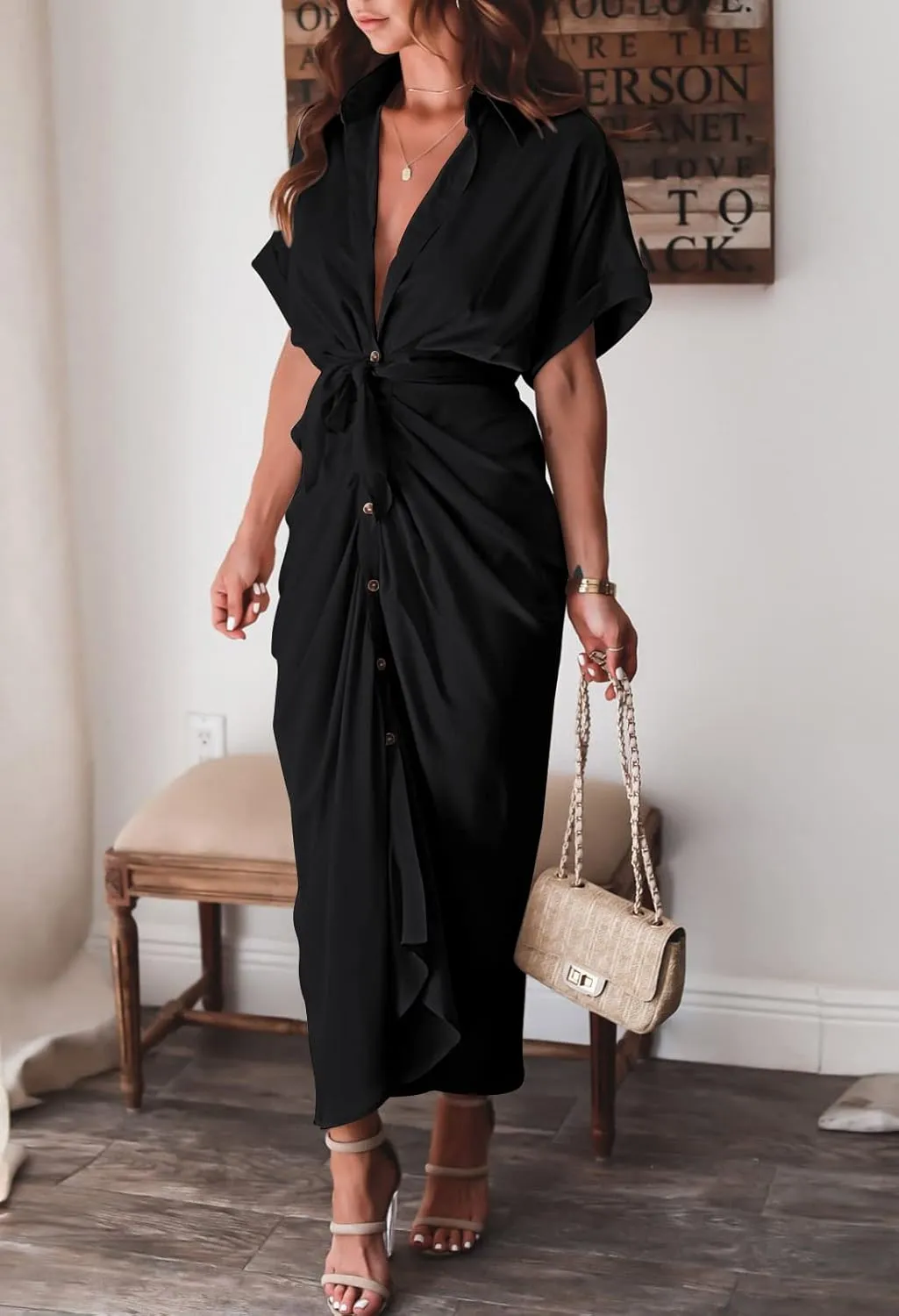 Women Elegant Satin Button Down Short Sleeve Maxi Shirt Dress with Belt