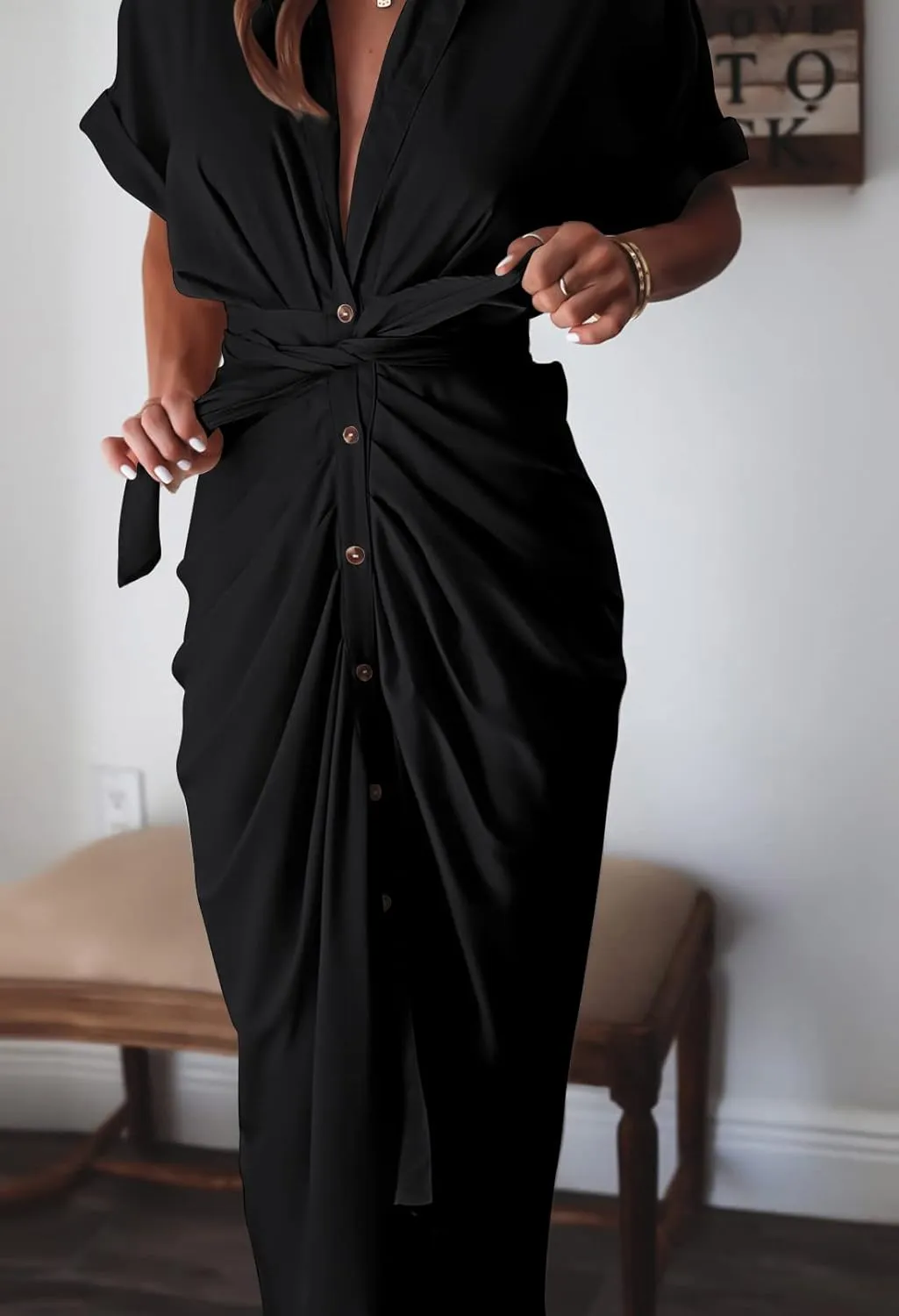 Women Elegant Satin Button Down Short Sleeve Maxi Shirt Dress with Belt