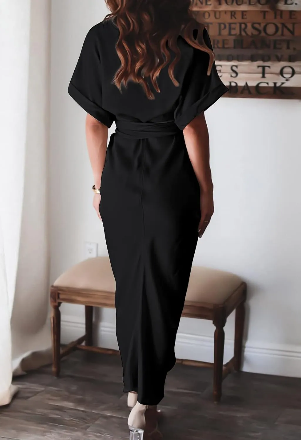 Women Elegant Satin Button Down Short Sleeve Maxi Shirt Dress with Belt