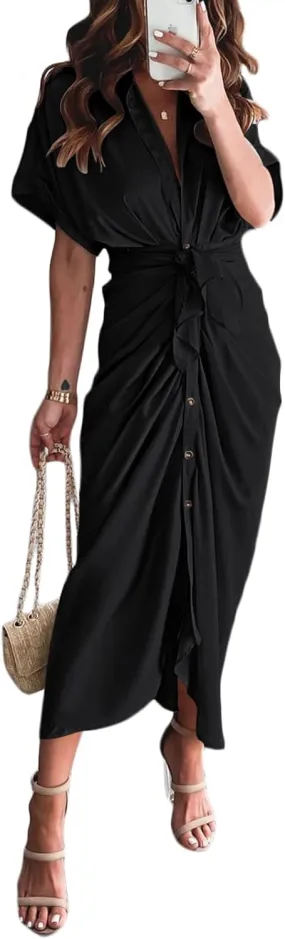 Women Elegant Satin Button Down Short Sleeve Maxi Shirt Dress with Belt