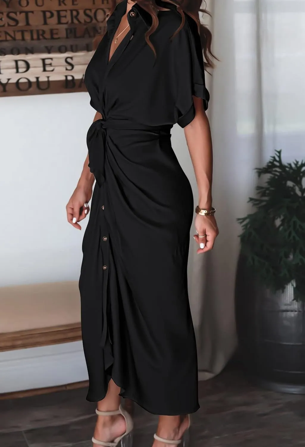 Women Elegant Satin Button Down Short Sleeve Maxi Shirt Dress with Belt