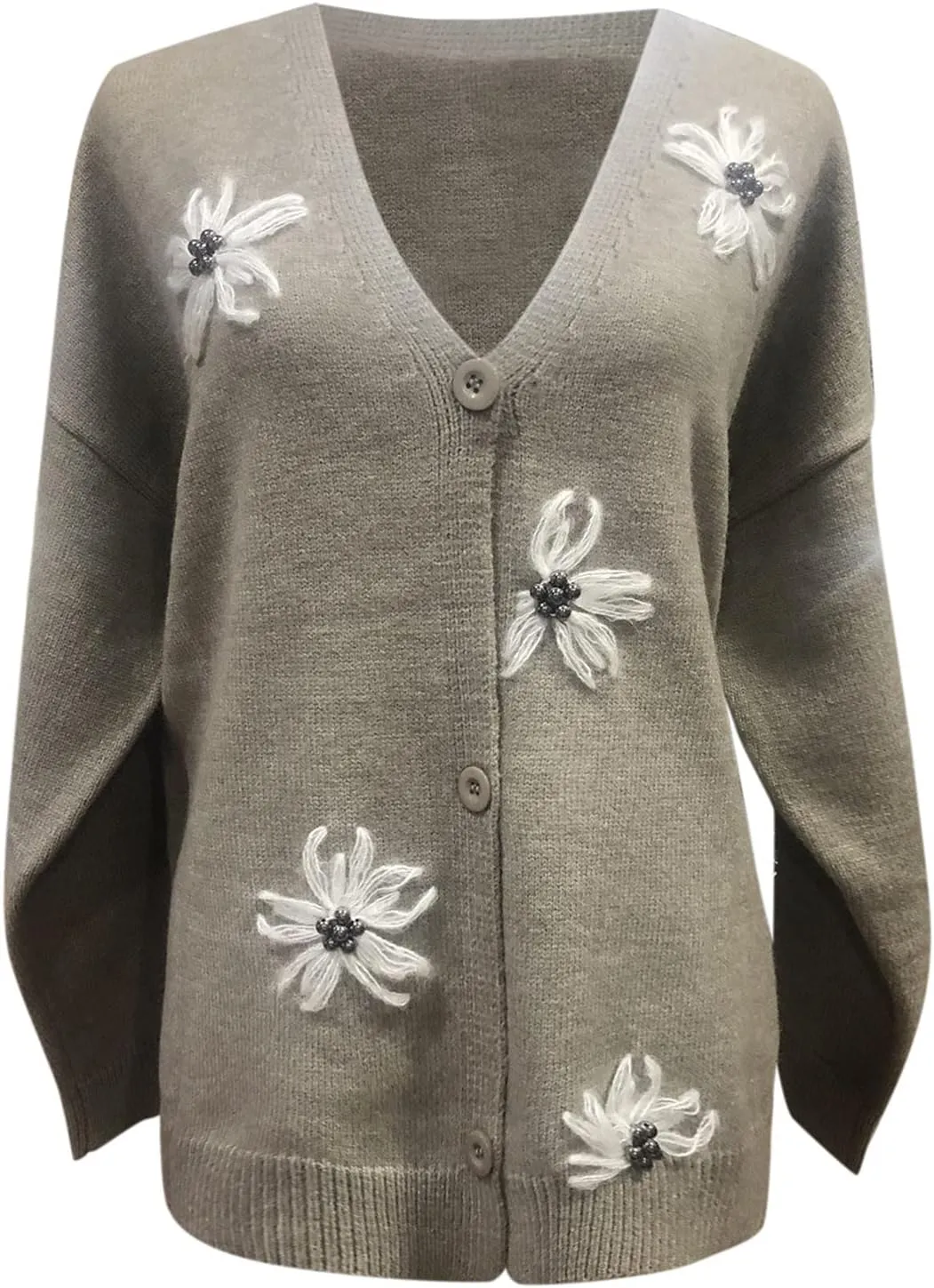 Womens 2023 Long Sleeve V Neck Button Flower Floral Cardigan Open Front Soft Chunky Knit Oversized Sweaters Coat