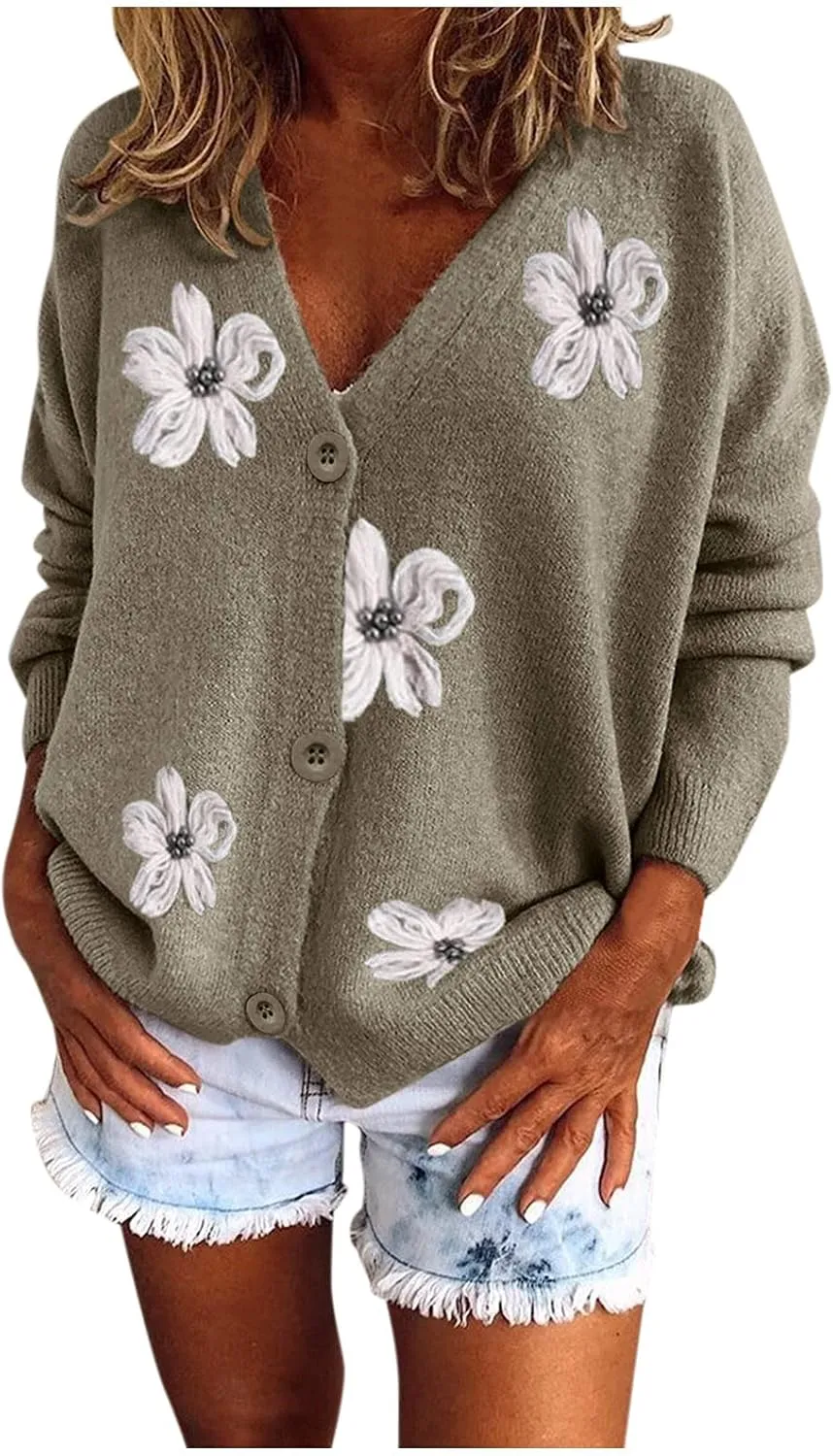 Womens 2023 Long Sleeve V Neck Button Flower Floral Cardigan Open Front Soft Chunky Knit Oversized Sweaters Coat