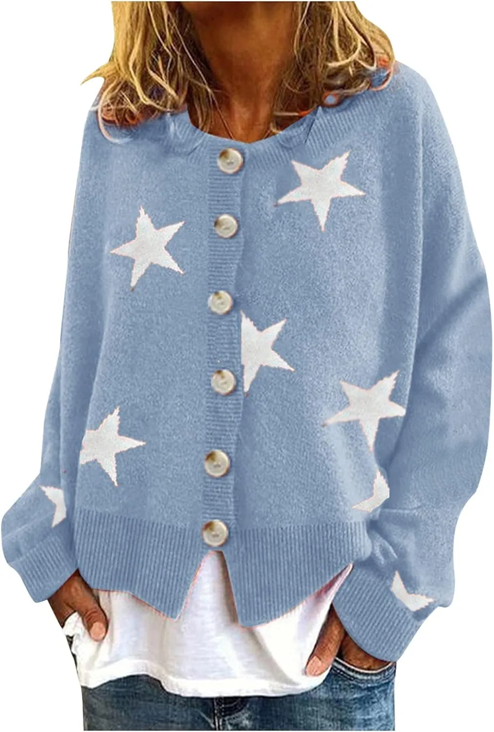 Womens 2023 Long Sleeve V Neck Button Flower Floral Cardigan Open Front Soft Chunky Knit Oversized Sweaters Coat