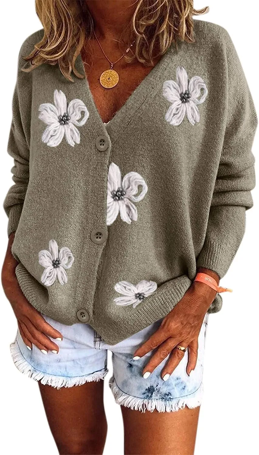 Womens 2023 Long Sleeve V Neck Button Flower Floral Cardigan Open Front Soft Chunky Knit Oversized Sweaters Coat