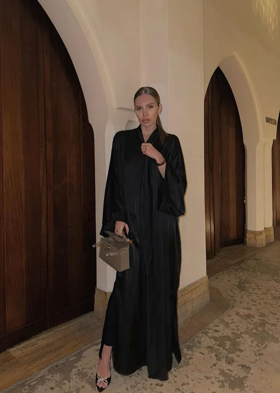 Women's Basic Satin Cardigan - Black, Elegant Long Sleeve Top, Luxurious Soft Fabric, Made in Egypt - One Size Fit
