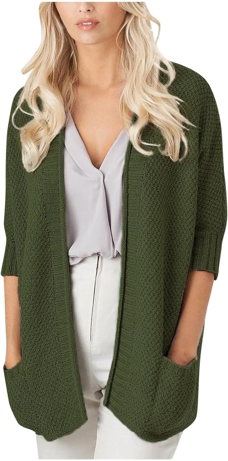 Women's Half Sleeve Cardigan Sweaters Oversized Open Front Chunky Knit Outwear Casual Soft Solid Coat with Pockets