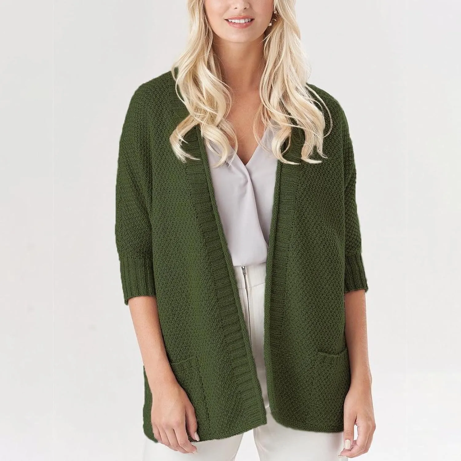 Women's Half Sleeve Cardigan Sweaters Oversized Open Front Chunky Knit Outwear Casual Soft Solid Coat with Pockets