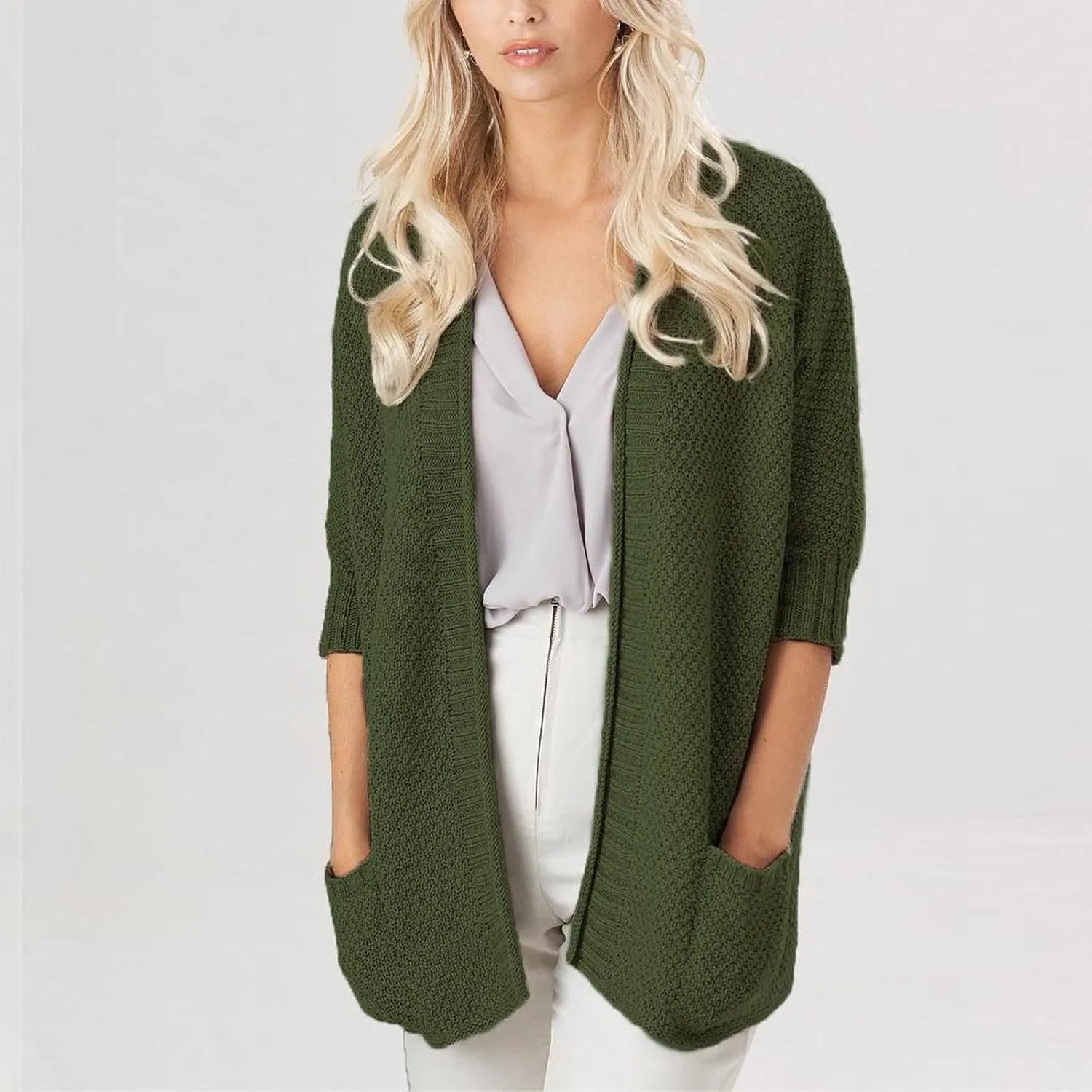 Women's Half Sleeve Cardigan Sweaters Oversized Open Front Chunky Knit Outwear Casual Soft Solid Coat with Pockets