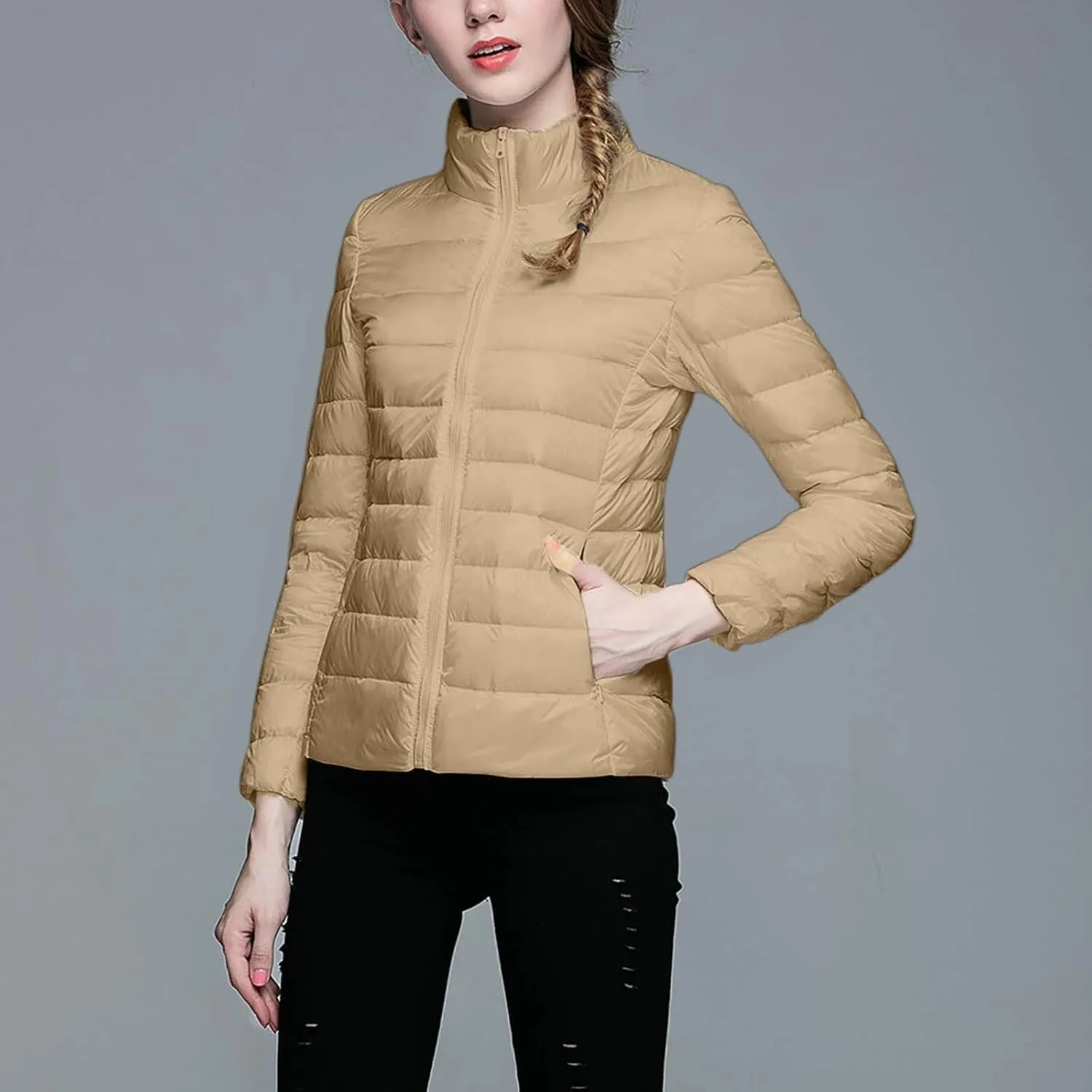 Women's Puffer Jacket Packable Quilted Lightweight Down Parka Plus Size Cropped Puffy Jacket Light Coat With Hood
