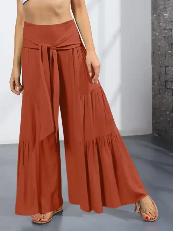 Women’s woven strap elastic waist this kind of wide-leg A-type casual trousers